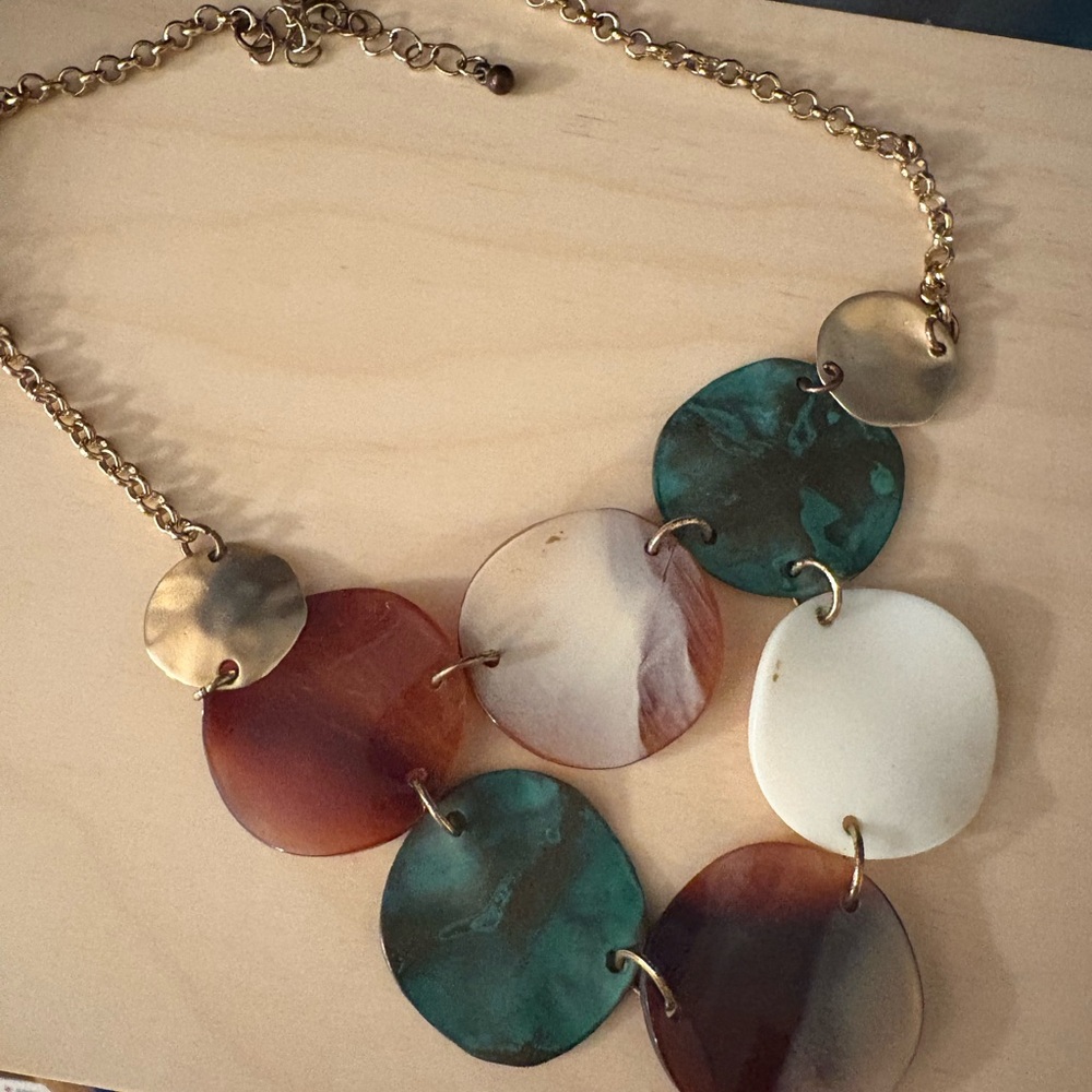 gold, tortoise shell, and copper statement necklace